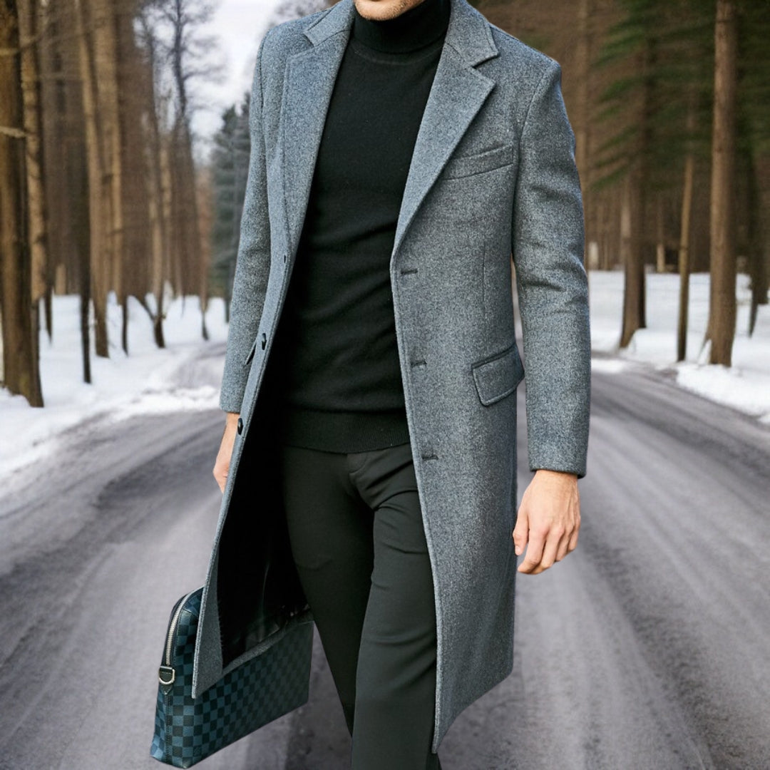 Men's Long Trench Coat with Lapel