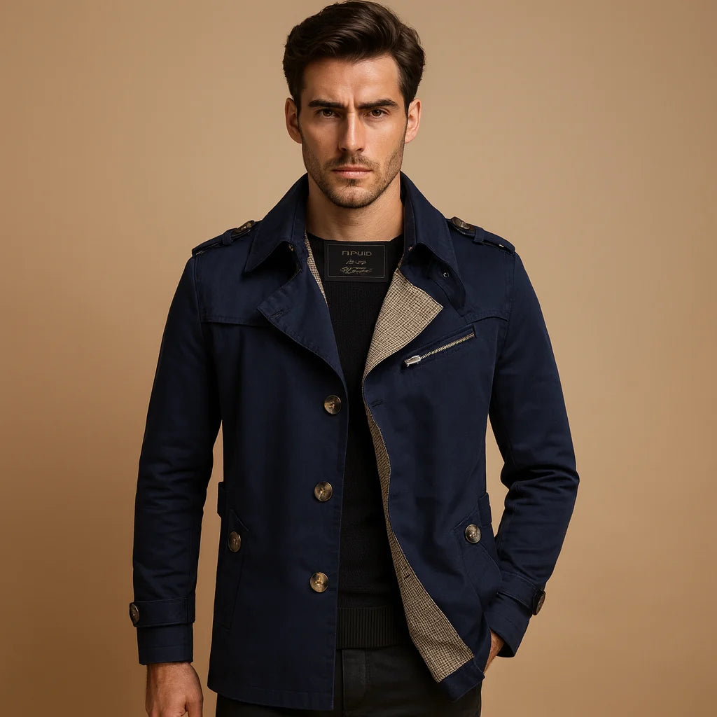 Men's Long Waterproof Trench Coat with Classic Two-Row Design