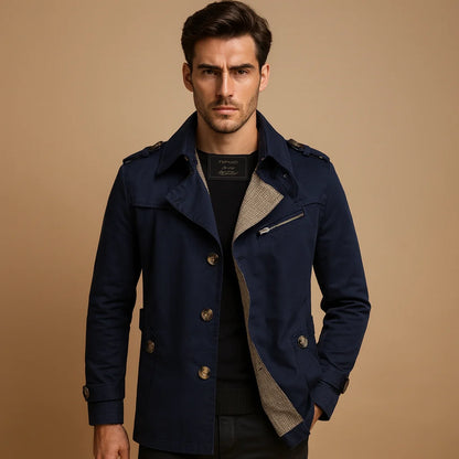 Men's Long Waterproof Trench Coat with Classic Two-Row Design