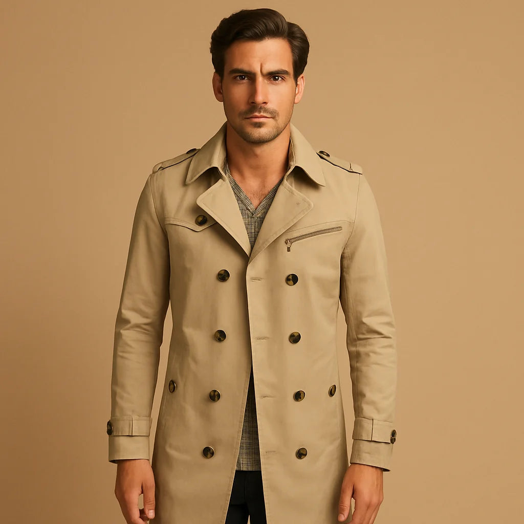 Men's Long Waterproof Trench Coat with Classic Two-Row Design