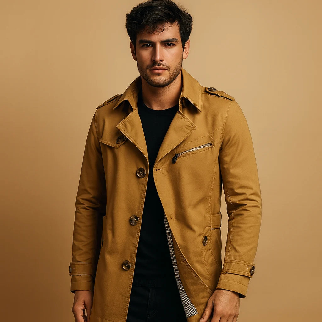 Men's Long Waterproof Trench Coat with Classic Two-Row Design