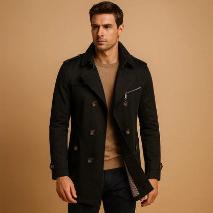 Men's Long Waterproof Trench Coat with Classic Two-Row Design