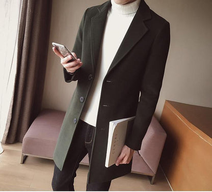 Men's Long Wool Coat - Classic Slim Fit Overcoat for Winter