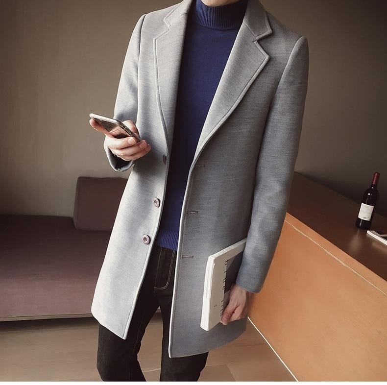 Men's Long Wool Coat - Classic Slim Fit Overcoat for Winter