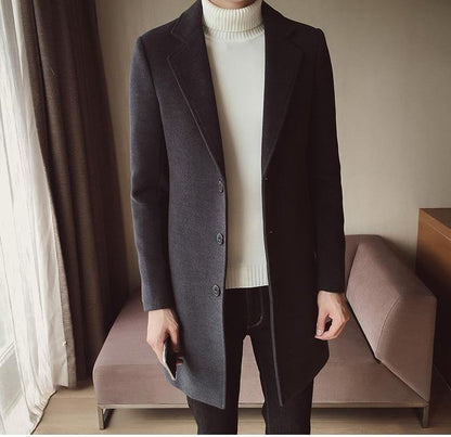 Men's Long Wool Coat - Classic Slim Fit Overcoat for Winter
