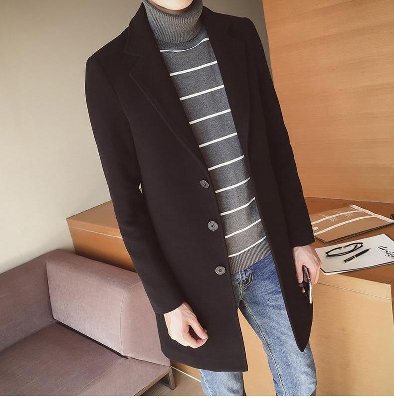 Men's Long Wool Coat - Classic Slim Fit Overcoat for Winter