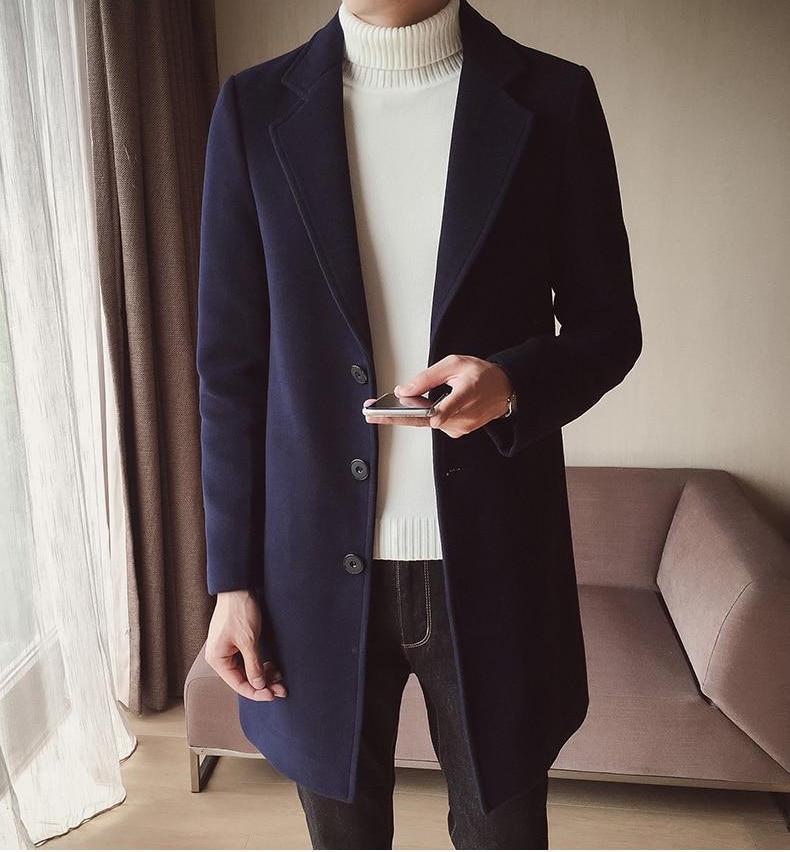 Men's Long Wool Coat - Classic Slim Fit Overcoat for Winter