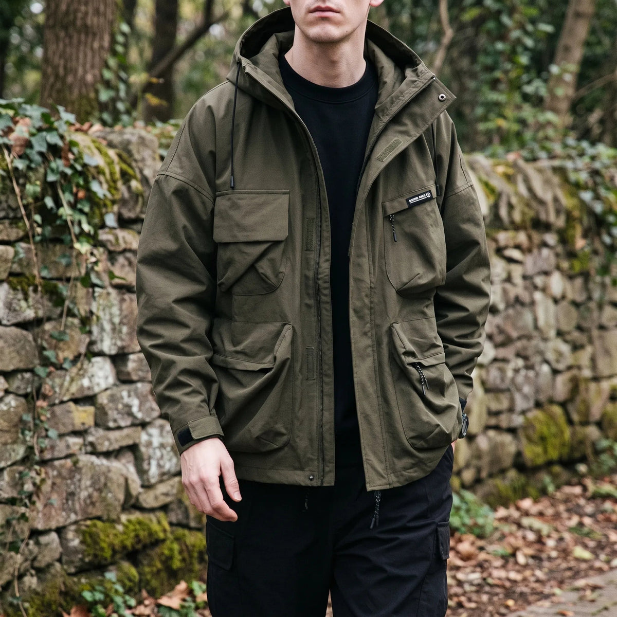 Men's Outdoor Jacket with Hood and Cargo Pockets