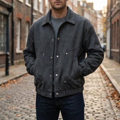 Men's PU Leather Bomber Jacket with Press Studs