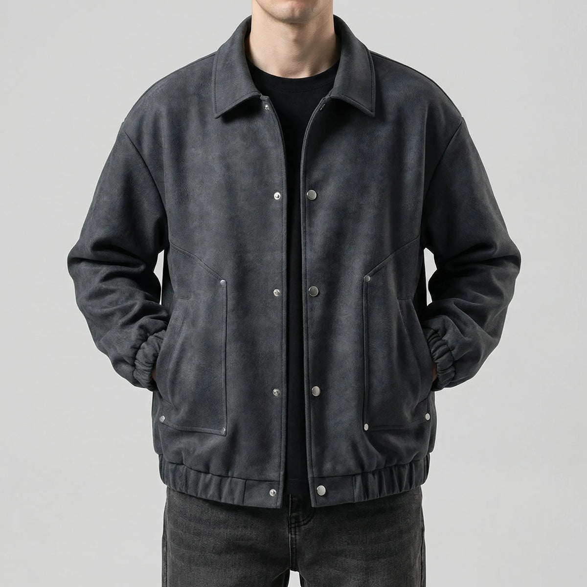 Men's PU Leather Bomber Jacket with Press Studs