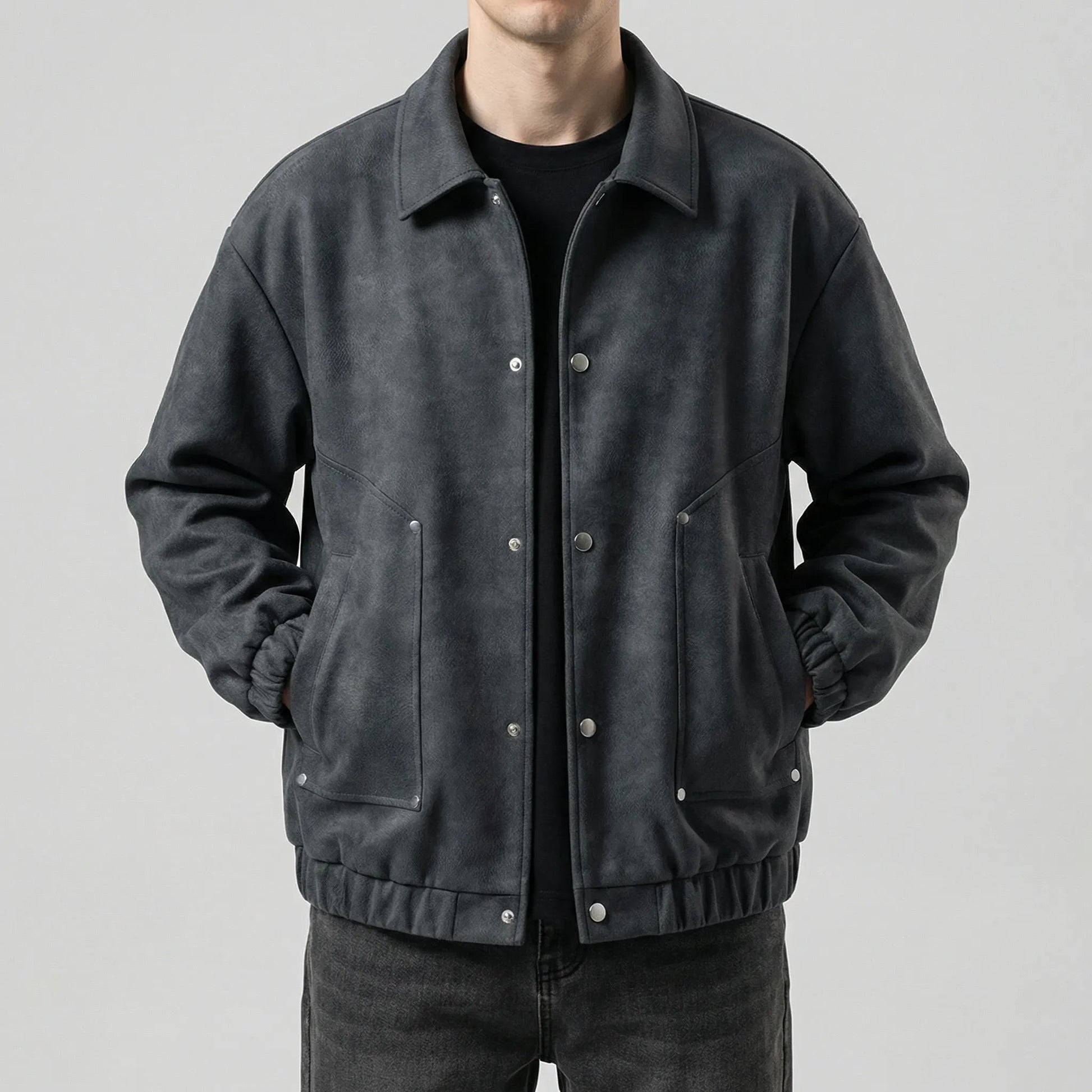 Men's PU Leather Bomber Jacket with Press Studs