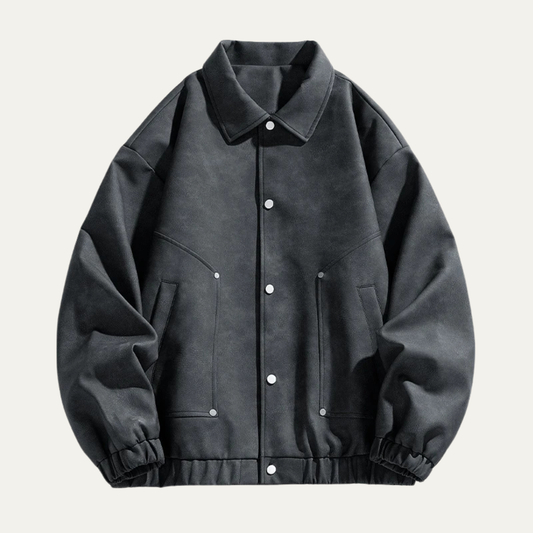 Men's PU Leather Bomber Jacket with Press Studs