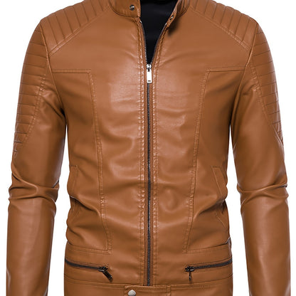 Men's PU Leather Jacket with Standing Collar