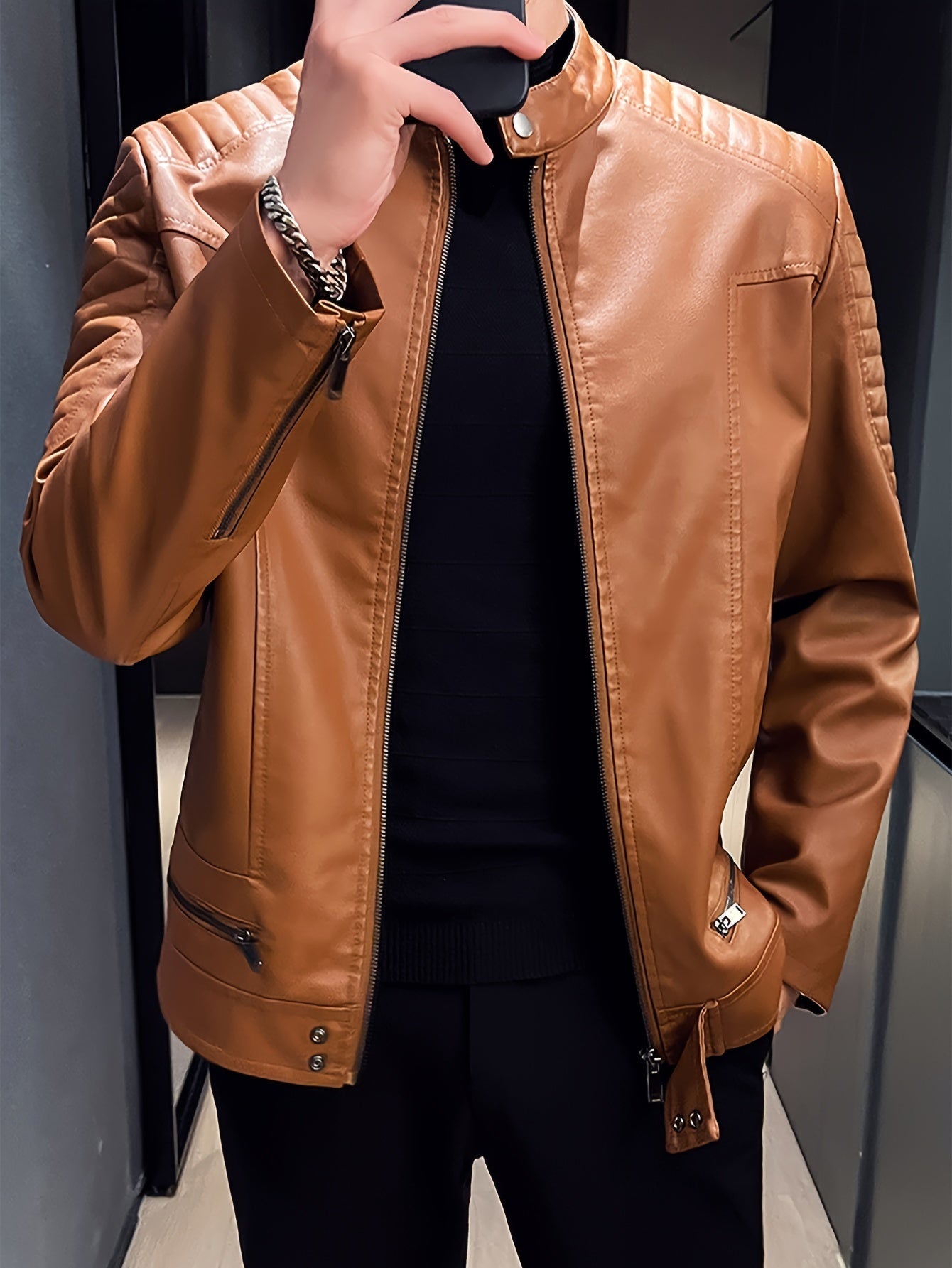 Men's PU Leather Jacket with Standing Collar