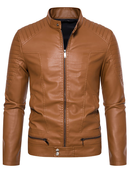 Men's PU Leather Jacket with Standing Collar