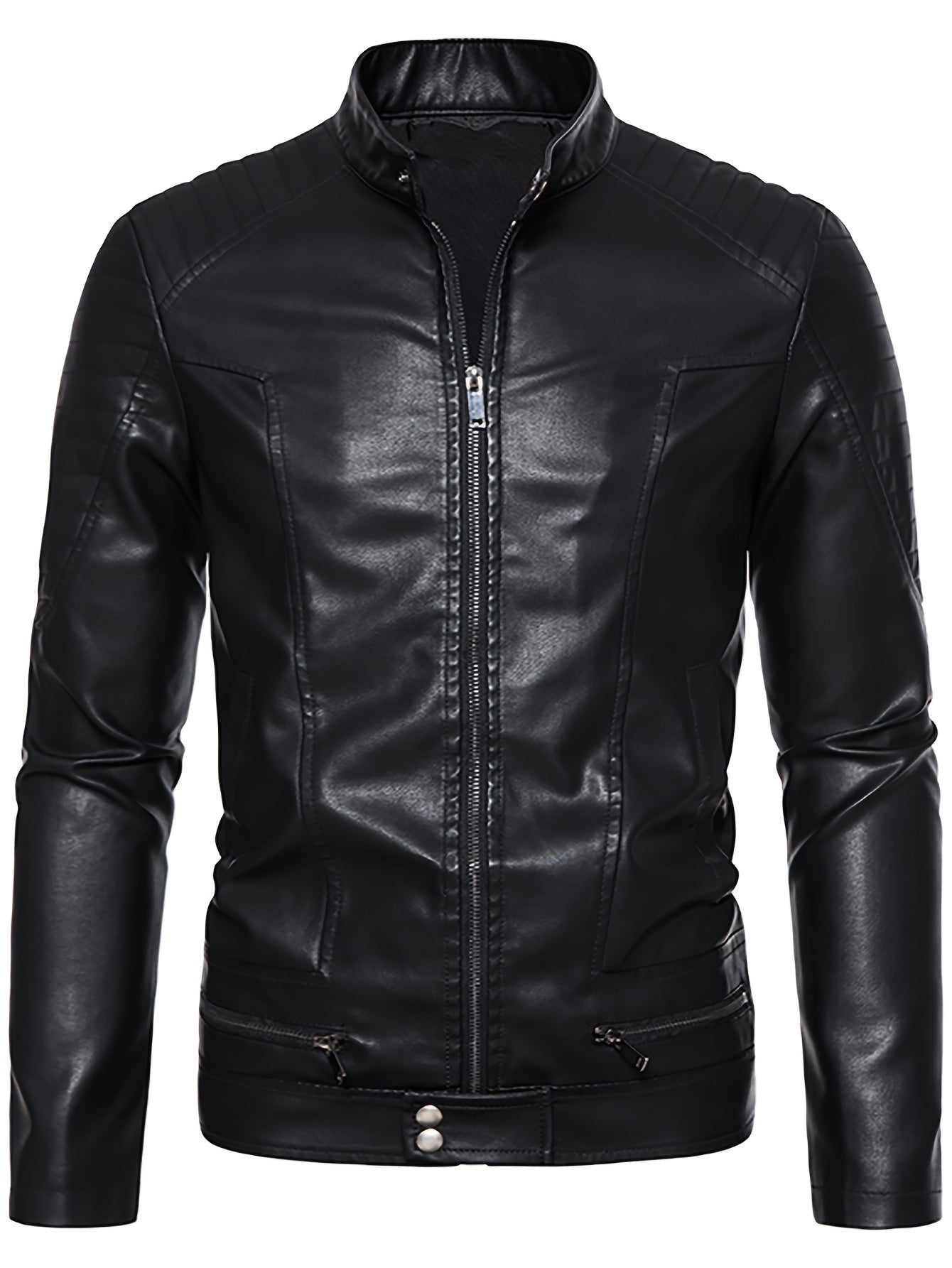 Men's PU Leather Jacket with Standing Collar
