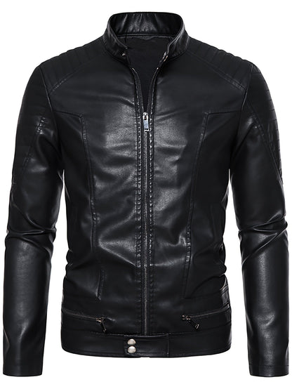 Men's PU Leather Jacket with Standing Collar