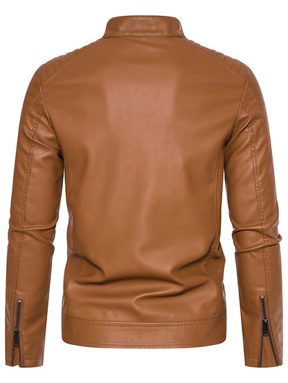 Men's PU Leather Jacket with Standing Collar