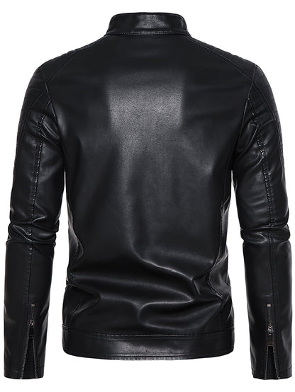 Men's PU Leather Jacket with Standing Collar