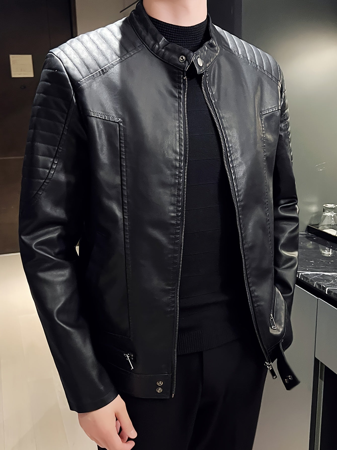Men's PU Leather Jacket with Standing Collar