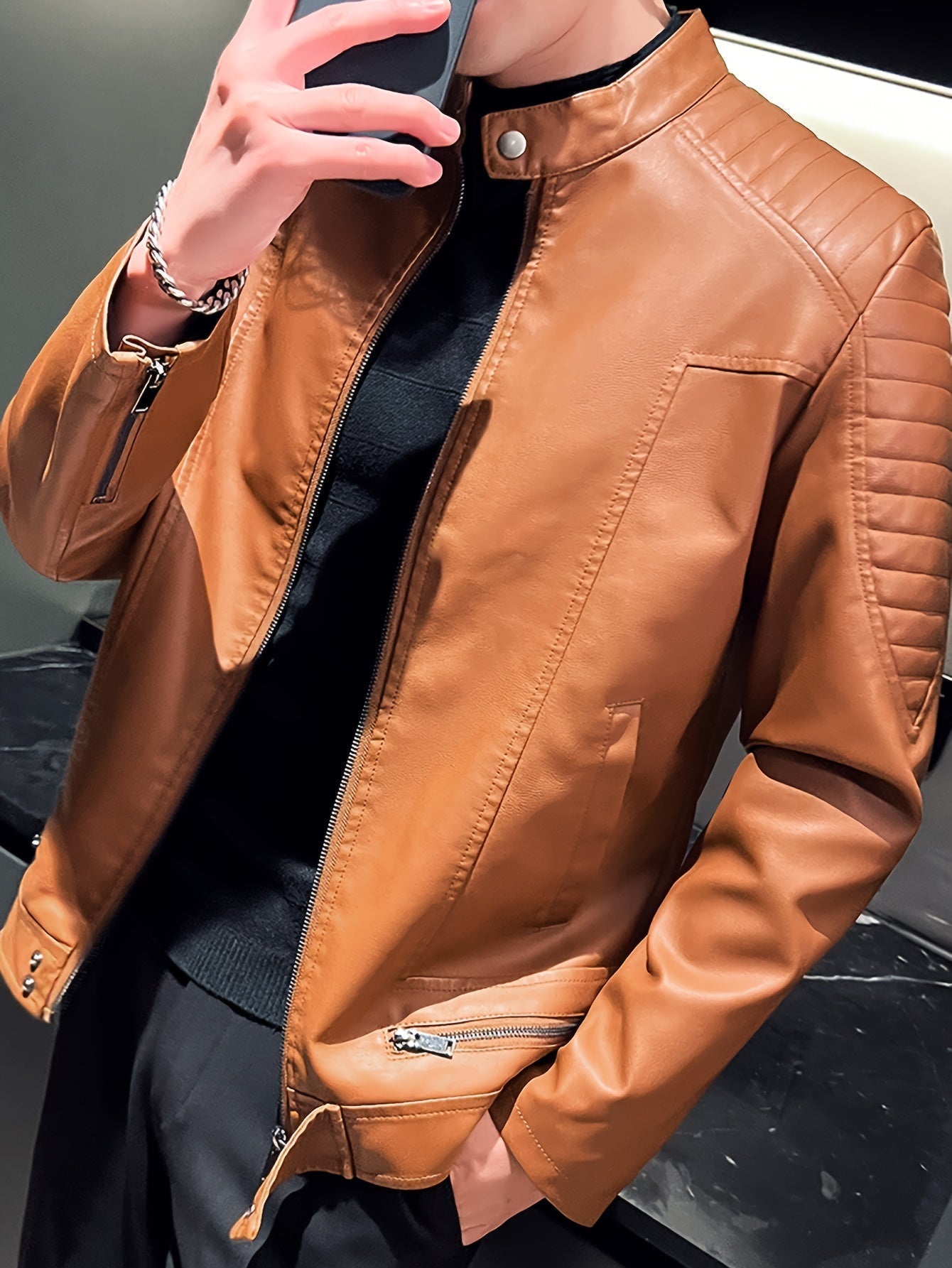 Men's PU Leather Jacket with Standing Collar