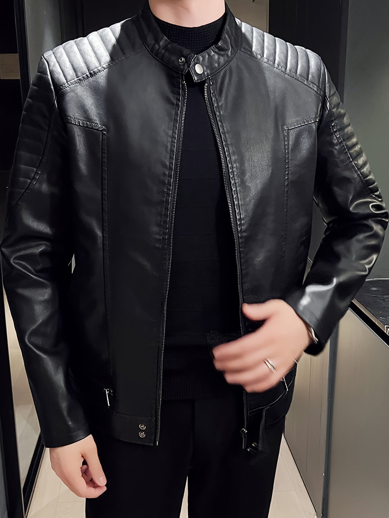 Men's PU Leather Jacket with Standing Collar