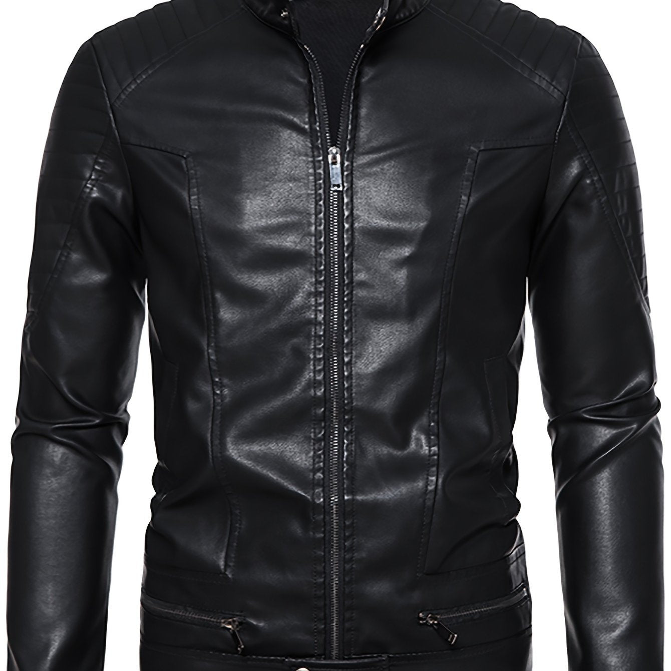 Men's PU Leather Jacket with Standing Collar