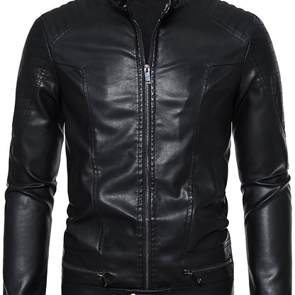 Men's PU Leather Jacket with Standing Collar