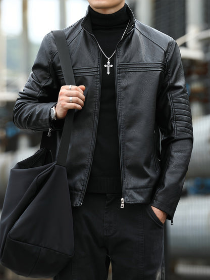 Men's PU Leather Jacket with Zip Pockets