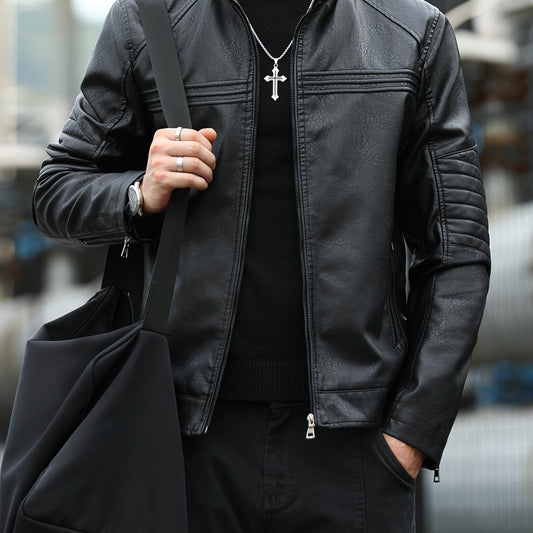 Men's PU Leather Jacket with Zip Pockets