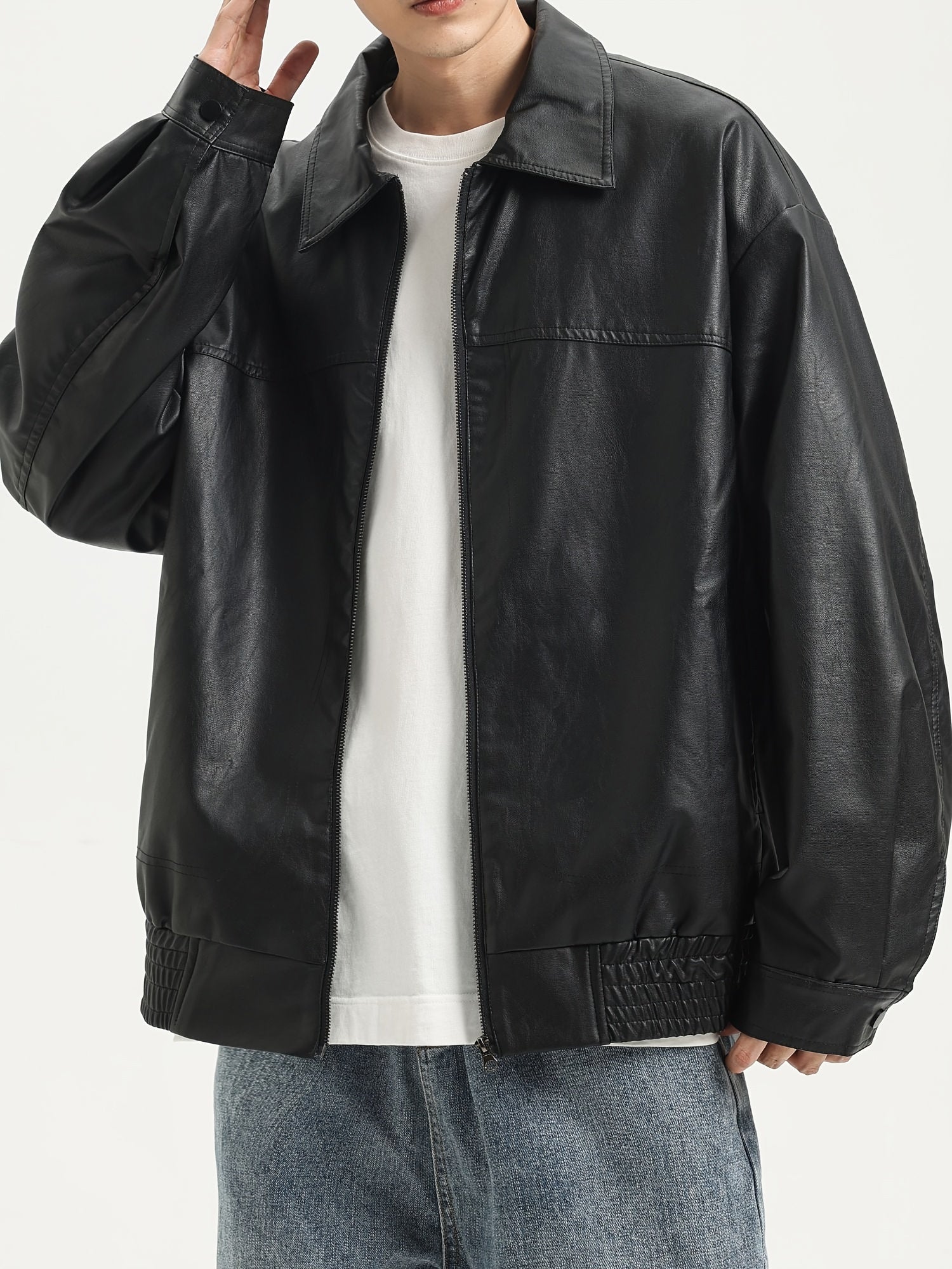 Men's PU Leather Jacket with Zipper and Lapel Collar