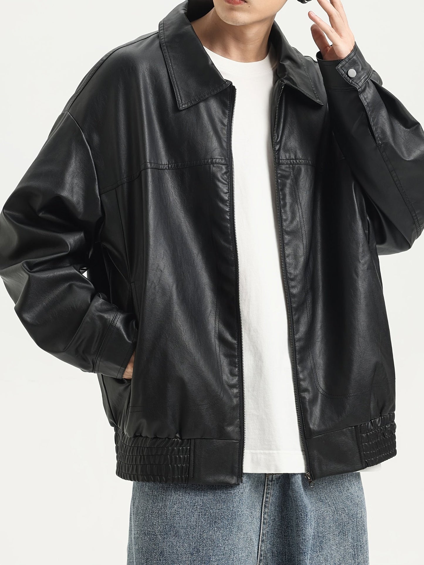 Men's PU Leather Jacket with Zipper and Lapel Collar