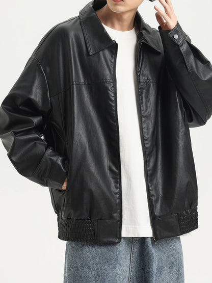 Men's PU Leather Jacket with Zipper and Lapel Collar