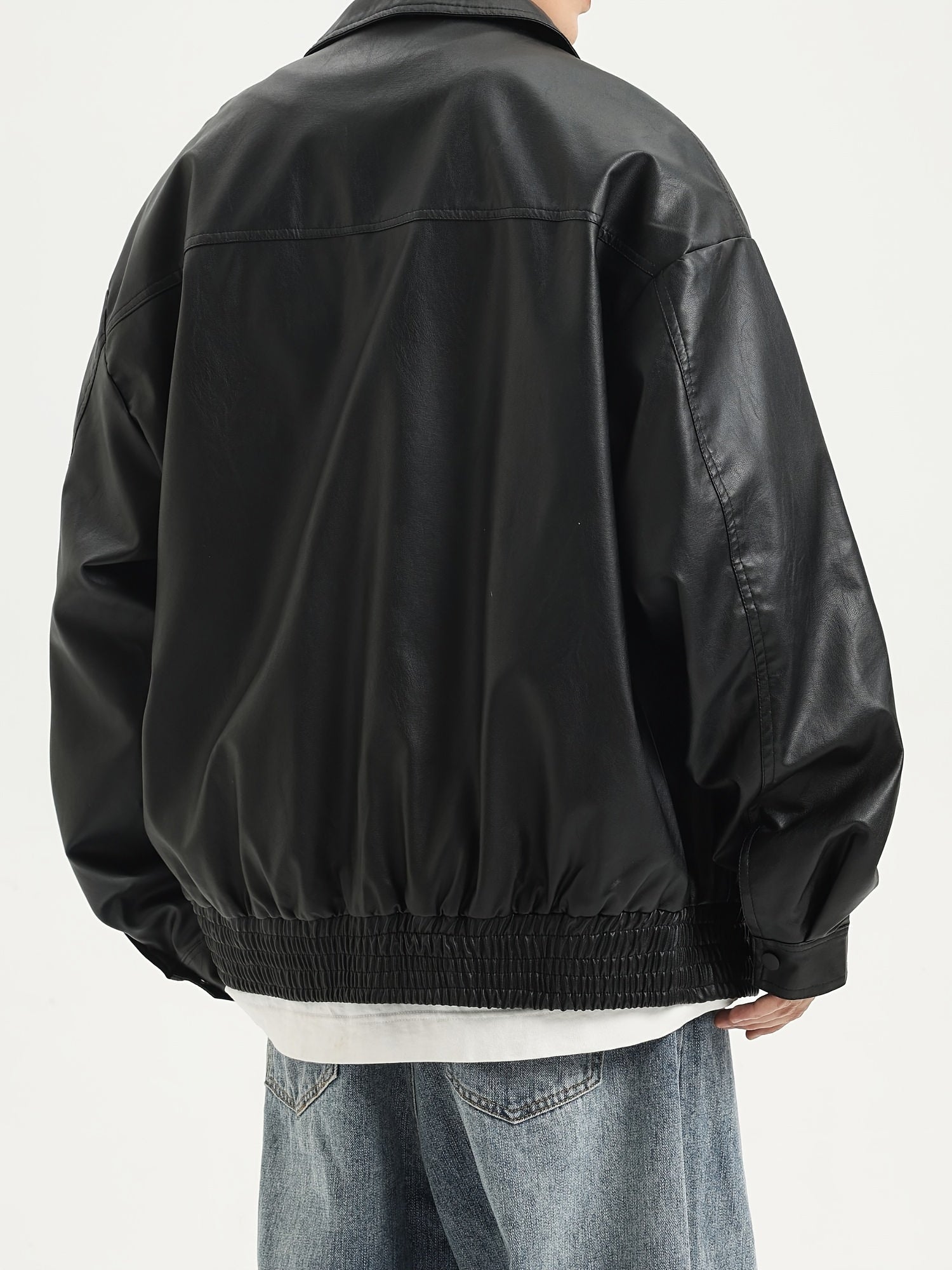 Men's PU Leather Jacket with Zipper and Lapel Collar