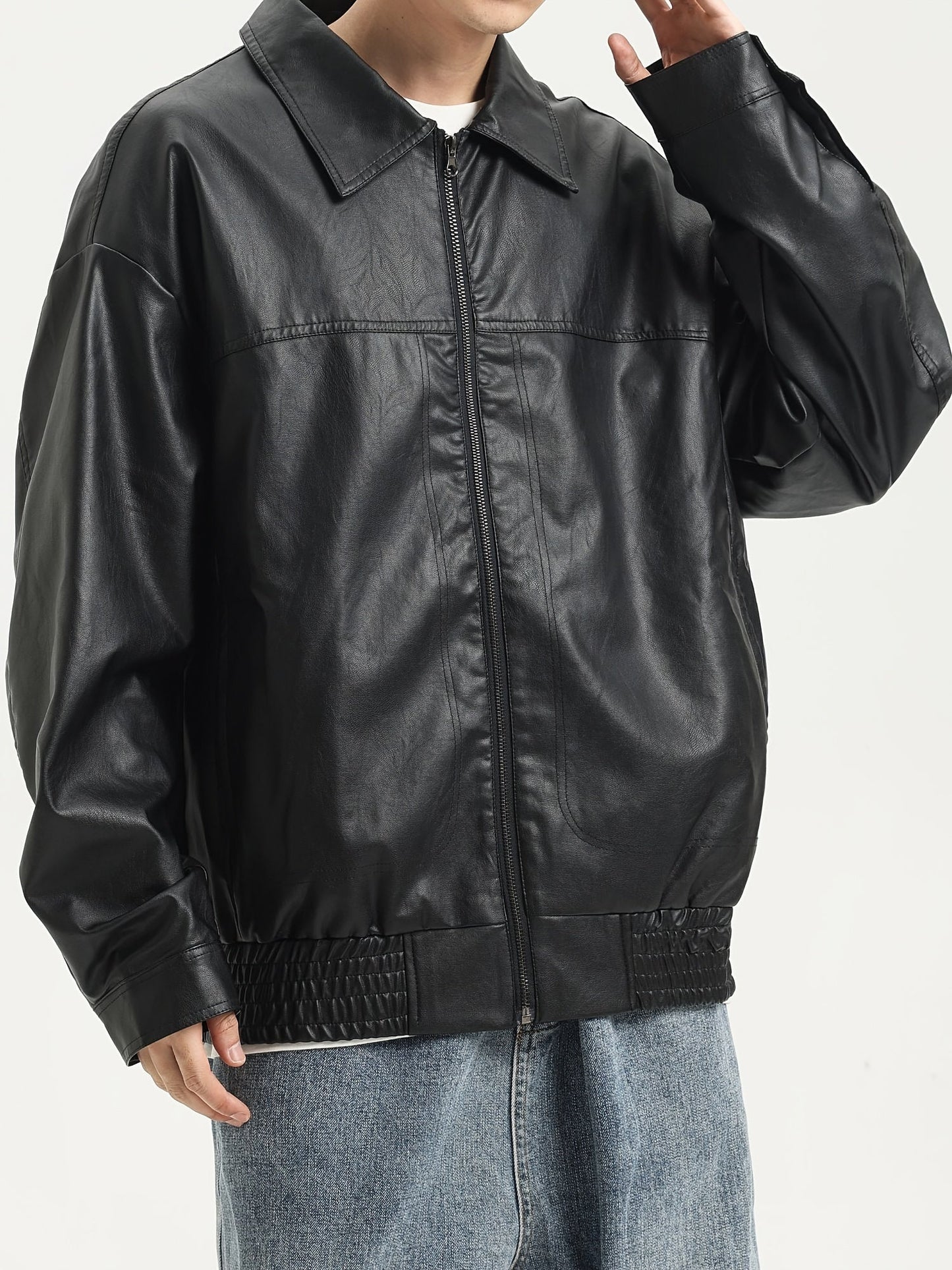 Men's PU Leather Jacket with Zipper and Lapel Collar