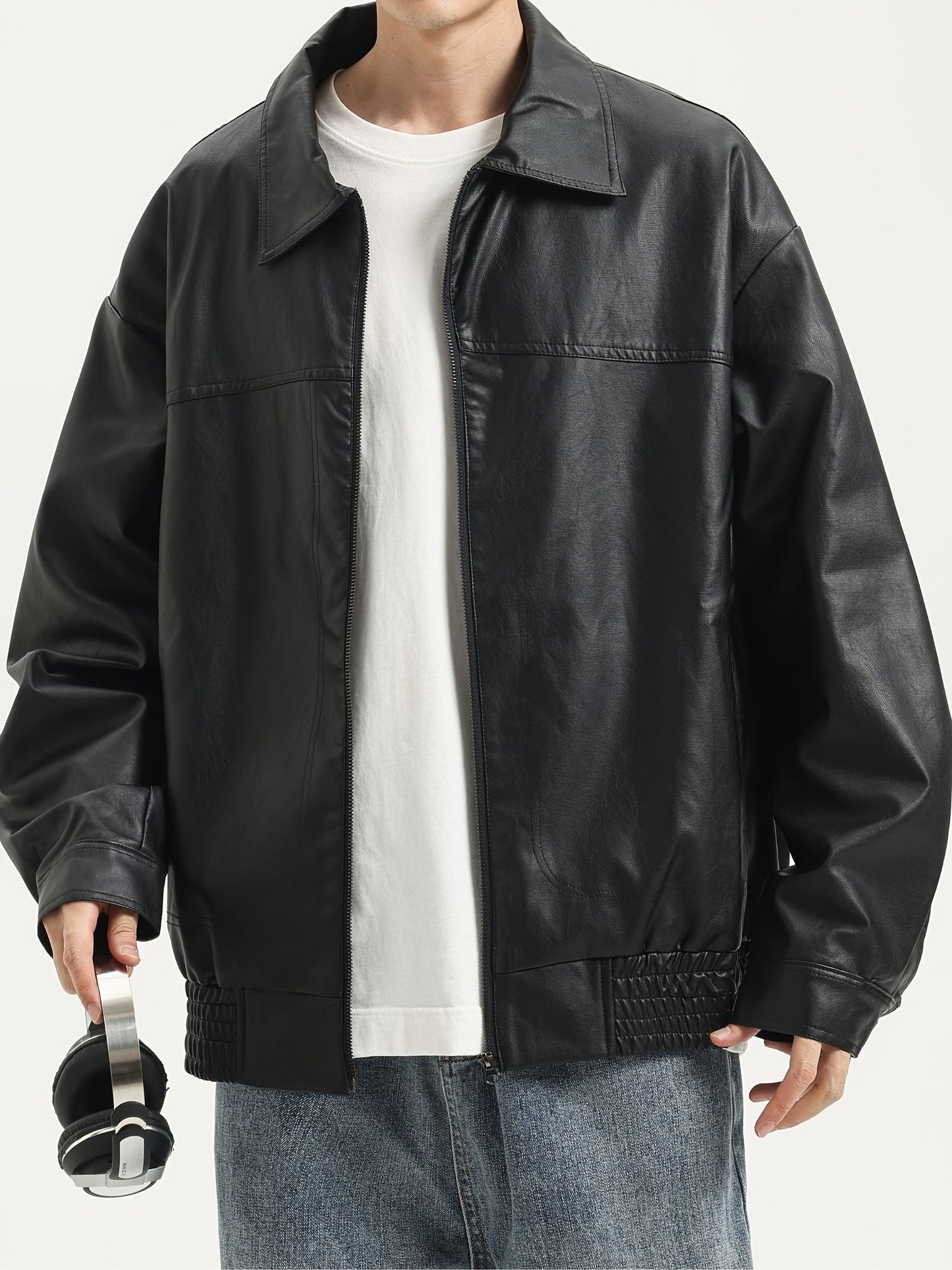 Men's PU Leather Jacket with Zipper and Lapel Collar