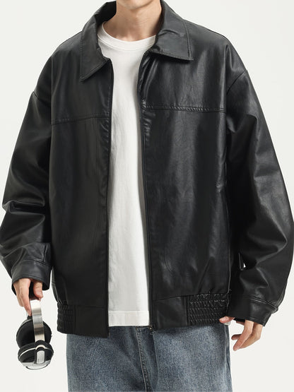 Men's PU Leather Jacket with Zipper and Lapel Collar