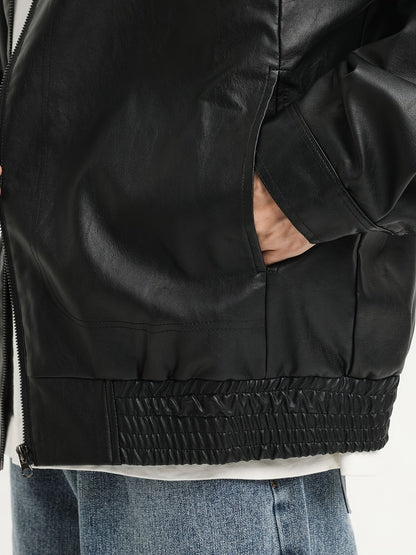 Men's PU Leather Jacket with Zipper and Lapel Collar