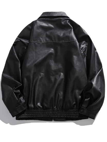 Men's PU Leather Jacket with Zipper and Lapel Collar