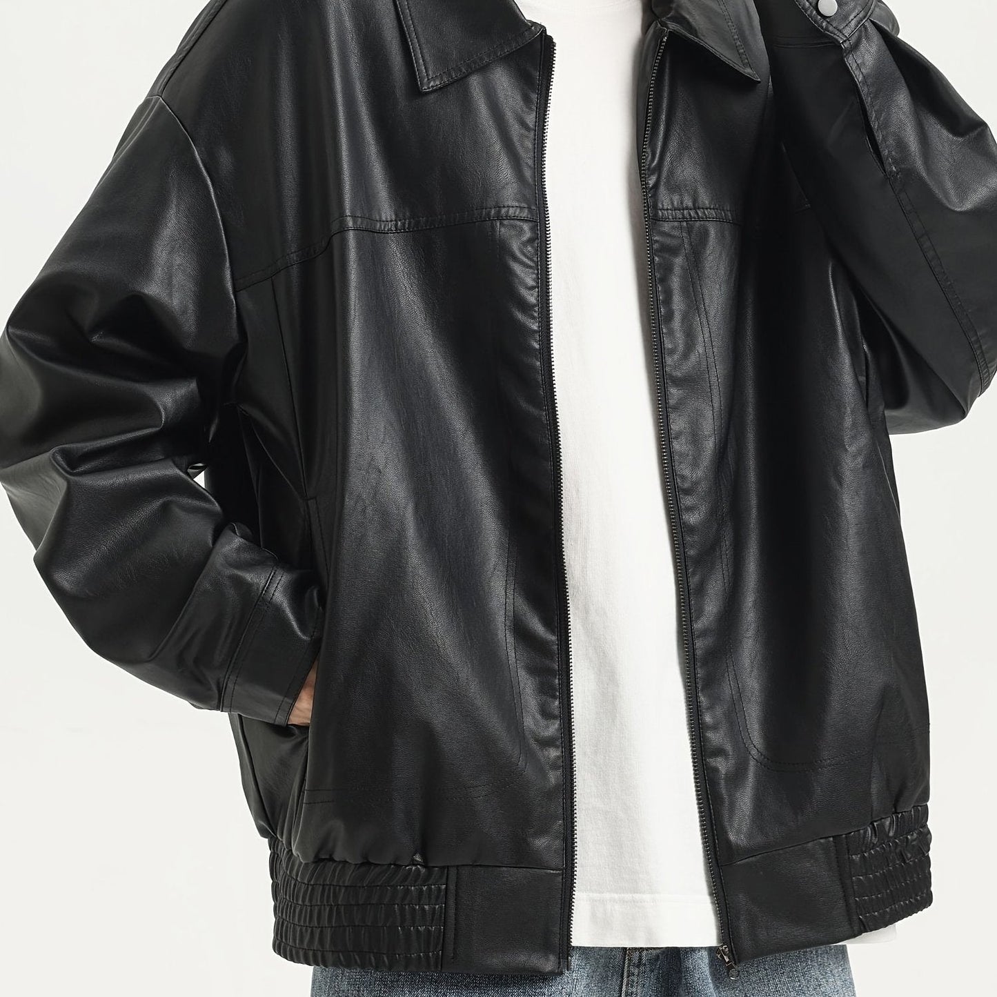 Men's PU Leather Jacket with Zipper and Lapel Collar