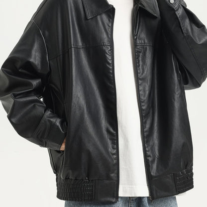Men's PU Leather Jacket with Zipper and Lapel Collar