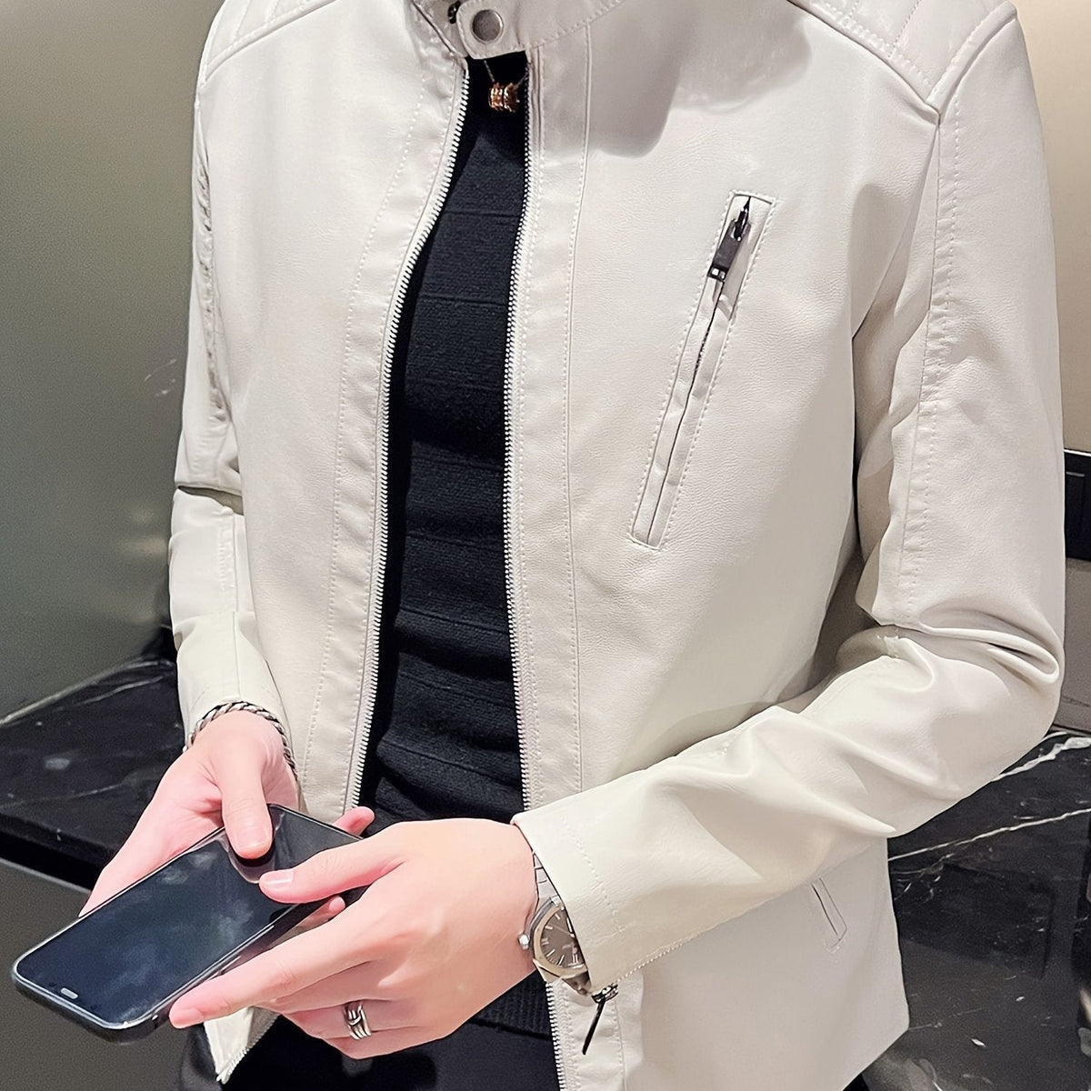 Men's PU Leather Motorcycle Jacket with Pockets