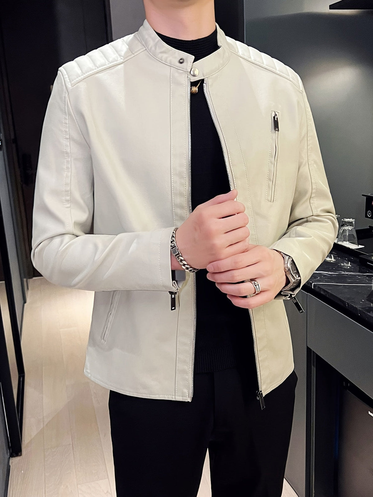 Men's PU Leather Motorcycle Jacket with Pockets