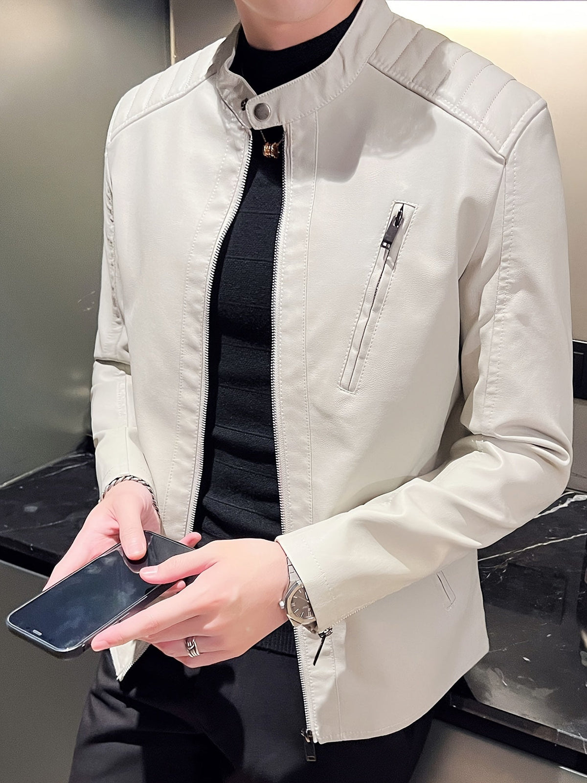 Men's PU Leather Motorcycle Jacket with Pockets