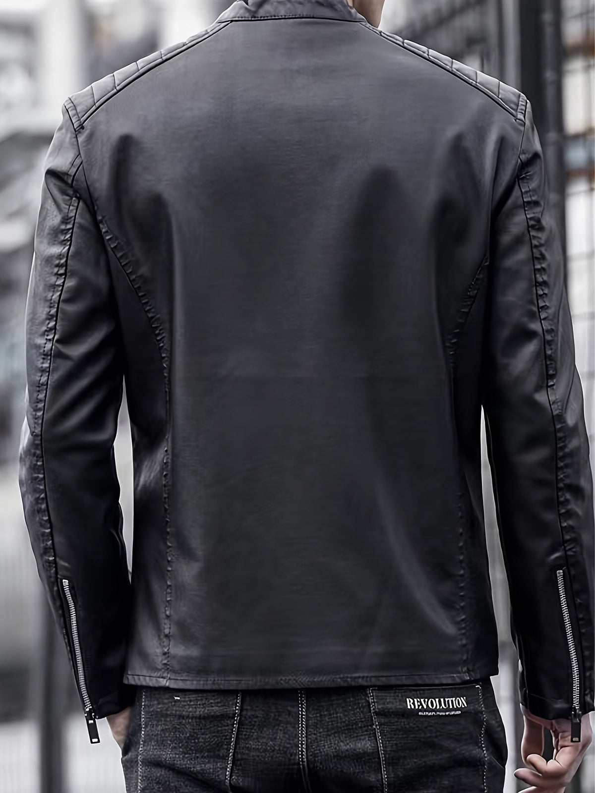 Men's PU Leather Motorcycle Jacket with Pockets