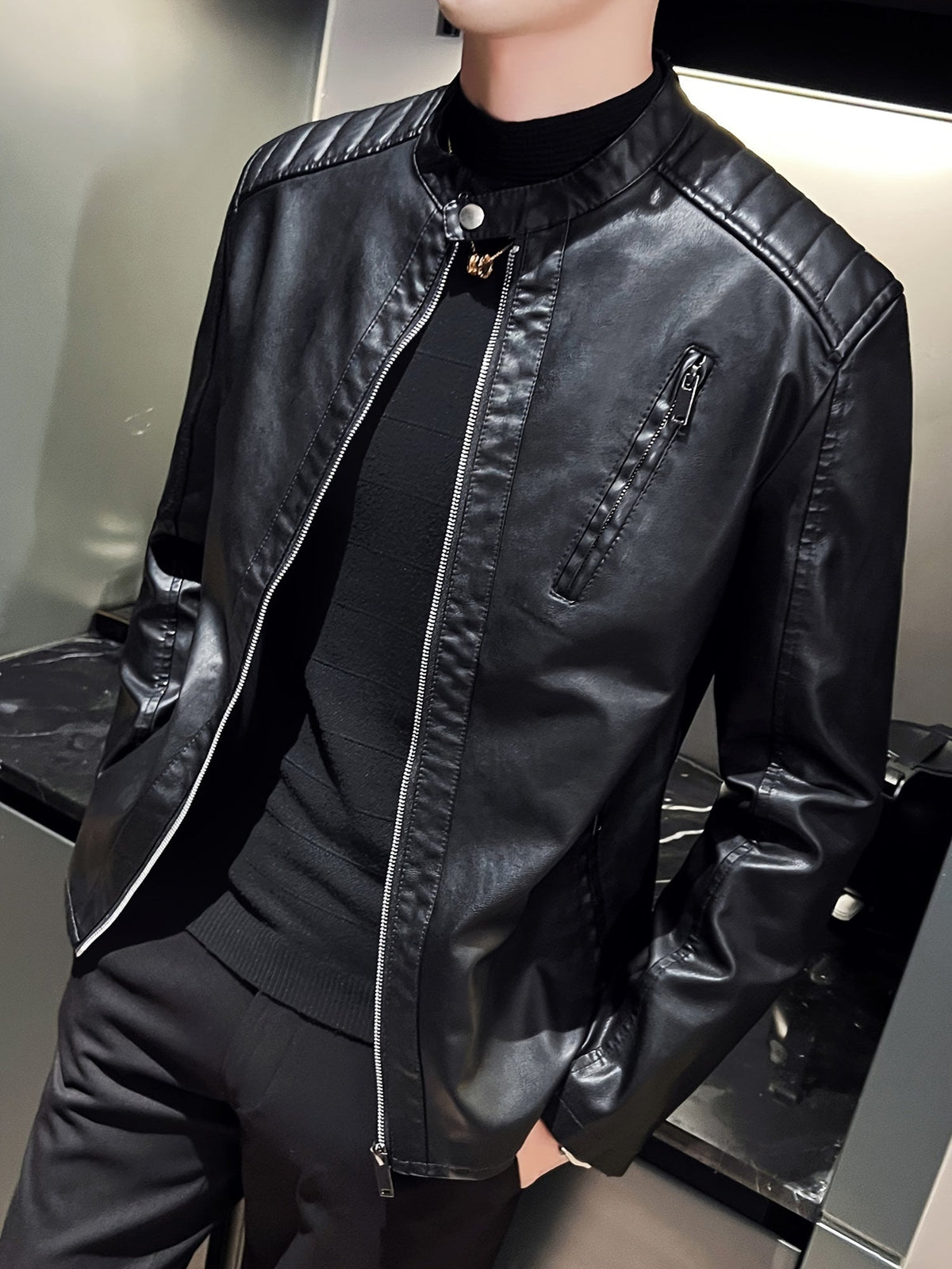 Men's PU Leather Motorcycle Jacket with Pockets