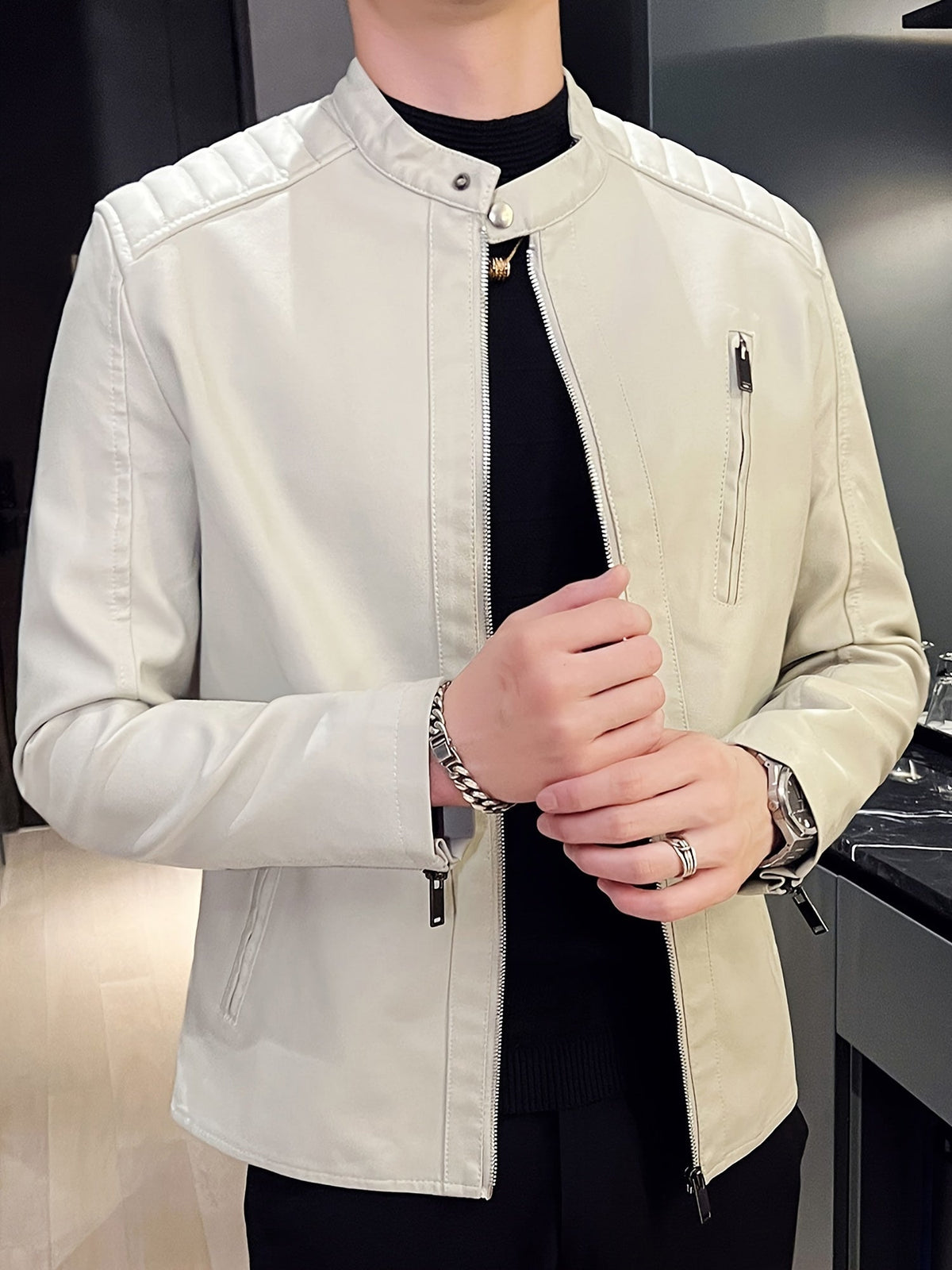 Men's PU Leather Motorcycle Jacket with Pockets