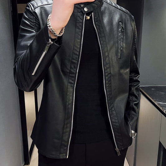Men's PU Leather Motorcycle Jacket with Pockets
