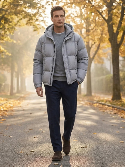 Men's Padded Down Jacket with Hood for Winter Warmth