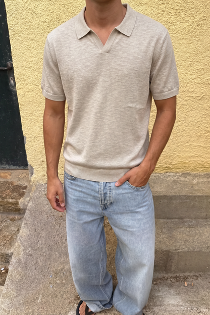 Men's Polo Shirt with Open Collar Design in Linen Blend